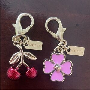 COACH Pink Flower and Red Cherry Enamel Charm Set with Gold-Tone Tags